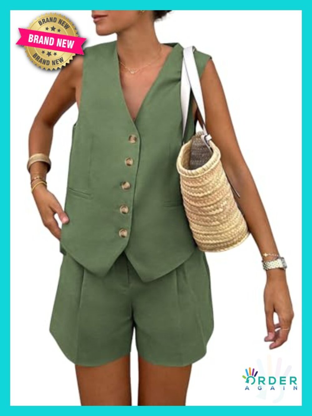 Sleeveless 2 Piece Shorts Set with Vest Button Down V Neck